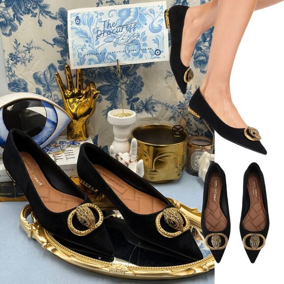 🆕 KURT GEIGER LONDON 🧿 NWOB Chelsea Point Black Suede Ballet Flat, Sz 39 US8.5